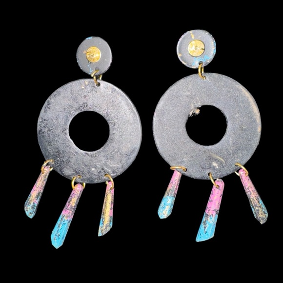 Women's Dangling Earrings - Gold, Turquoise & Pink - Wooden Whimsy - Picture 5 of 6